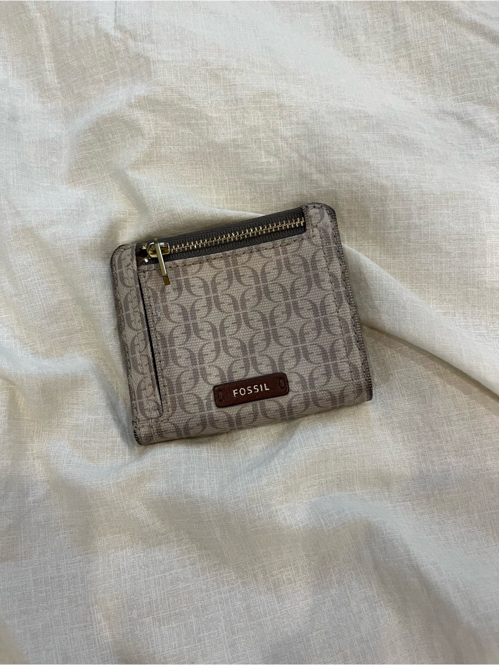 Fossil Taupe Monogram Compact Zip Card Holder